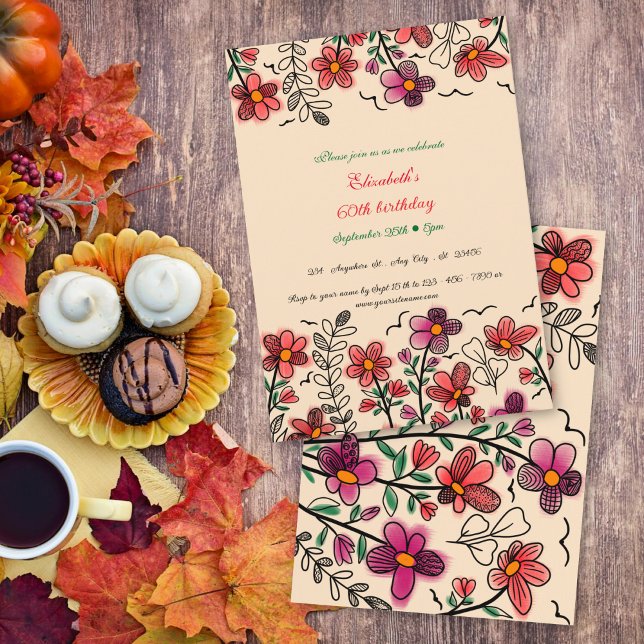Invitación Cumpleaños 60 de Melocotón Primavera Doodle Único  (Subido por el creador)
