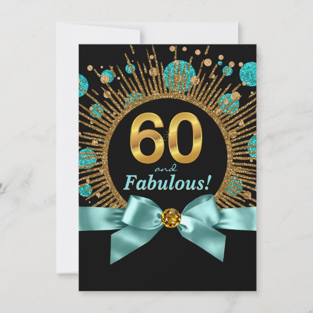 Invitación Cumpleaños 60 de mujer azul turquesa y dorado (Anverso)