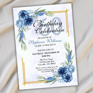 Invitación Cumpleaños 60 de mujer clásico elegante floral azu