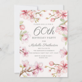 Invitación Cumpleaños 60 de mujer con flores rosadas y hojas