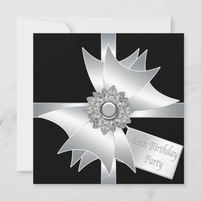 Invitación Cumpleaños 60 de mujer con lazo de diamante blanco (Anverso)