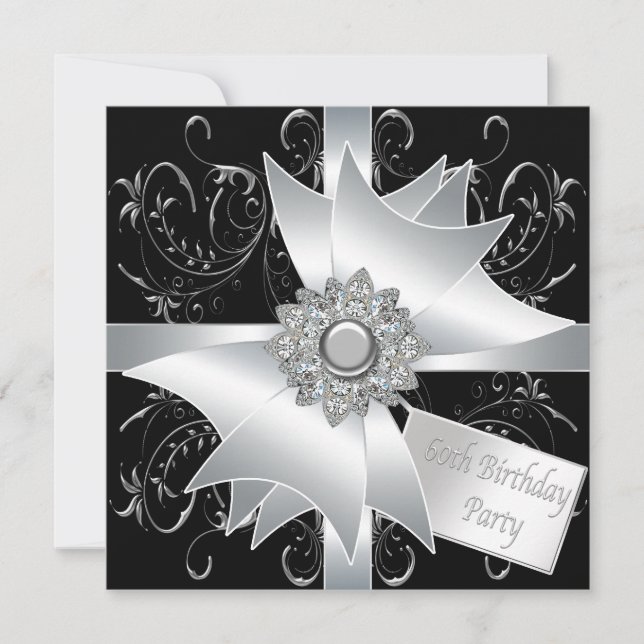 Invitación Cumpleaños 60 de mujer con lazo de diamante blanco (Anverso)