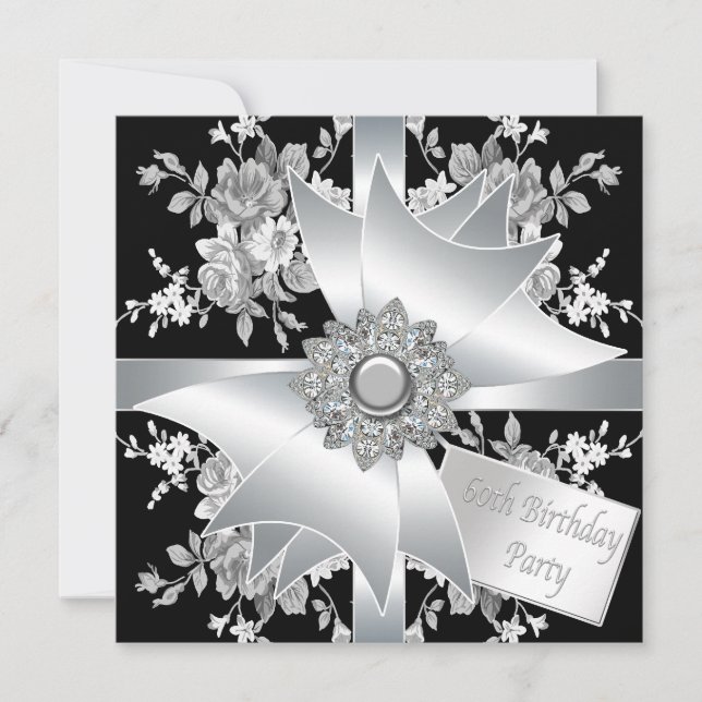Invitación Cumpleaños 60 de mujer con lazo de diamante y rosa (Anverso)