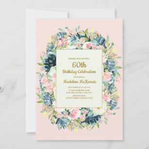 Invitación Cumpleaños 60 de mujer floral vintage rosa y turqu
