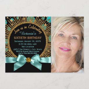 Invitación Cumpleaños 60 de Mujer Foto Azul Teal y Dorado 60º