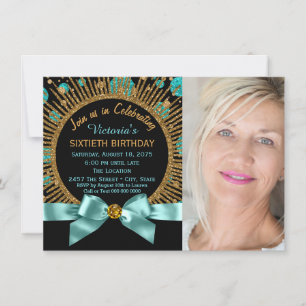 Invitación Cumpleaños 60 de Mujer Foto Azul Turquesa y Dorado
