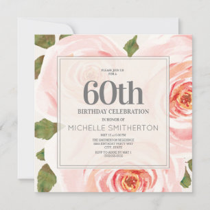 Invitación Cumpleaños 60 de Mujeres Hojas Florales Rosa Rubor