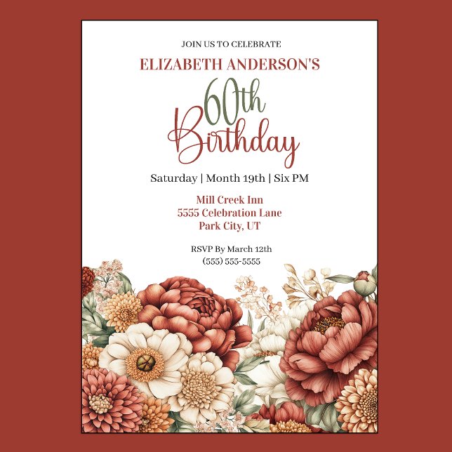 Invitación Cumpleaños 60 de Pretty Fall Peony (Pretty Fall Peony Floral 60th Birthday Invitation For Women.)