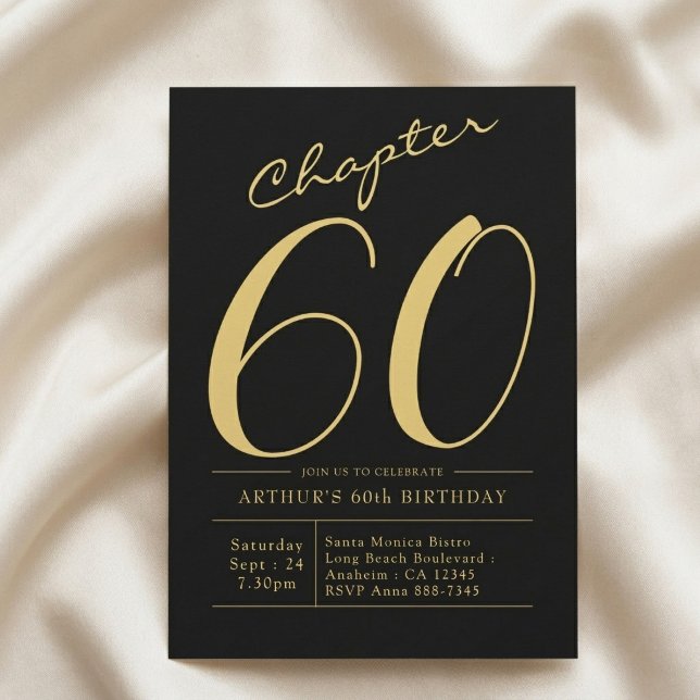 Invitación Cumpleaños 60 del Esposo Fiesta de Negro y Oro (Black and gold 60th Birthday invite. Light cloth background.)