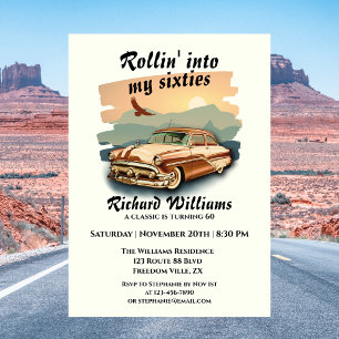 Invitación Cumpleaños 60 del hombre con coche clásico y puest