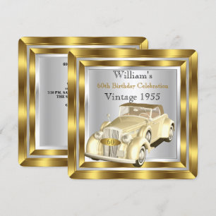 Invitación Cumpleaños 60 del hombre del coche vintage oro pla