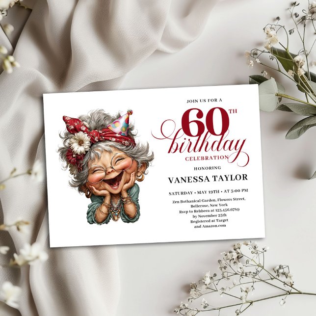 Invitación Cumpleaños 60 Diseño Divertido Mujer Ma (60th Birthday Invitation Funny Old Woman Design)