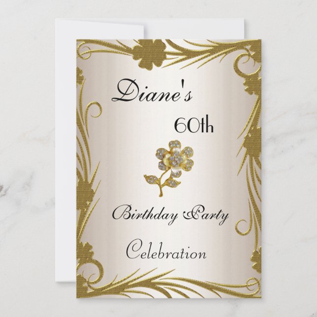 Invitación Cumpleaños 60 Dorado sobre Floral Crema (Anverso)