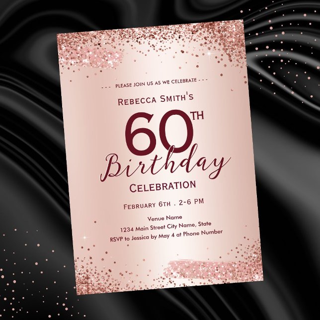 Invitación Cumpleaños 60 Elegante Brillo Dorado Rosa (Subido por el creador)
