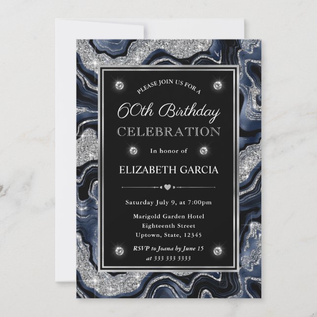 Invitación Cumpleaños 60 elegante con Agata de brillo azul y  (Anverso)