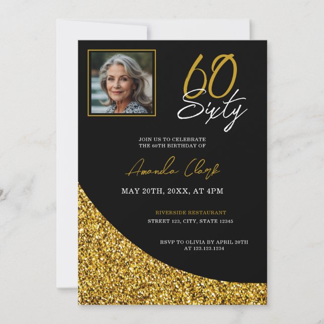 Invitación Cumpleaños 60 Elegante con Brillo Negro y Dorado (Anverso)