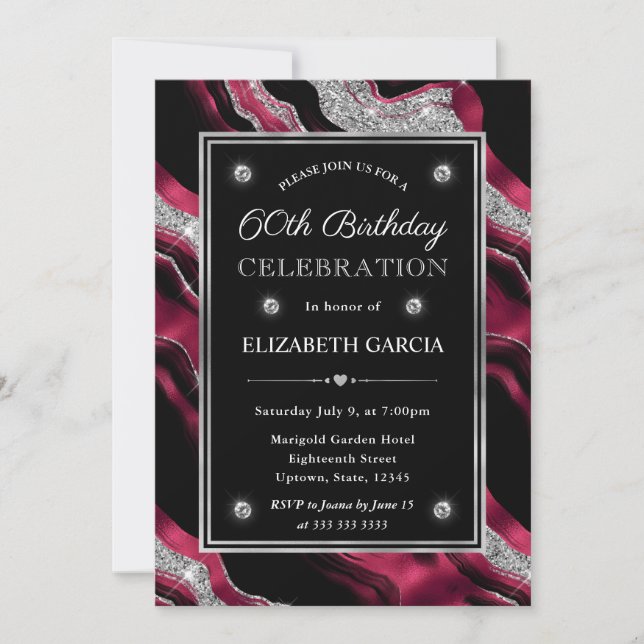 Invitación Cumpleaños 60 Elegante con Brillo Rojo y Plata (Anverso)