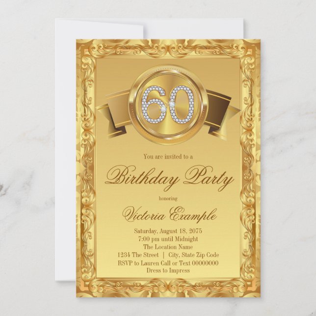 Invitación Cumpleaños 60 elegante con remolino de diamantes d (Anverso)