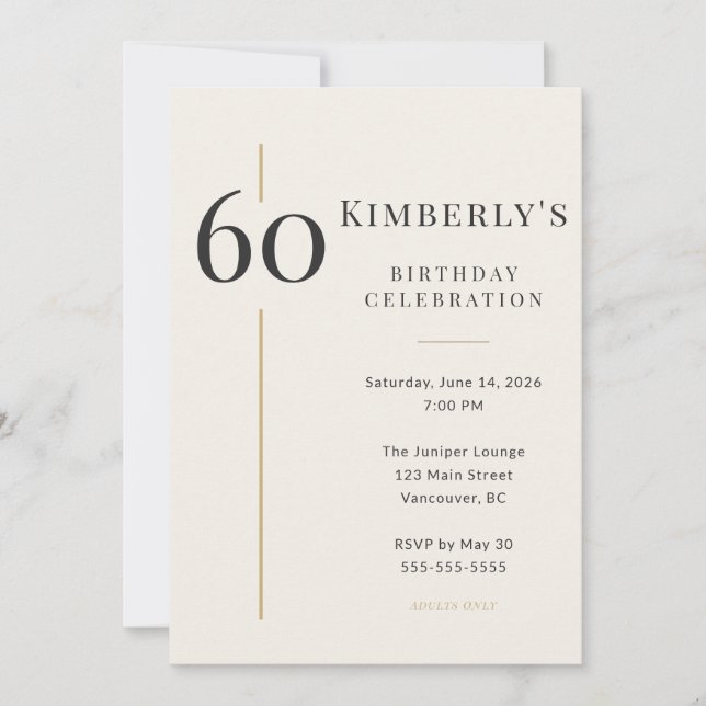 Invitación Cumpleaños 60 Elegante Crema y Dorado (Anverso)