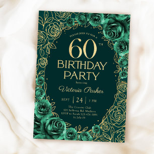 Invitación Cumpleaños 60 Elegante Esmeralda Verde Oro Floral
