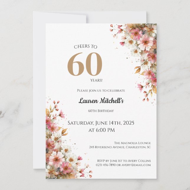 Invitación Cumpleaños 60 Elegante Estilo Floral Do (Anverso)