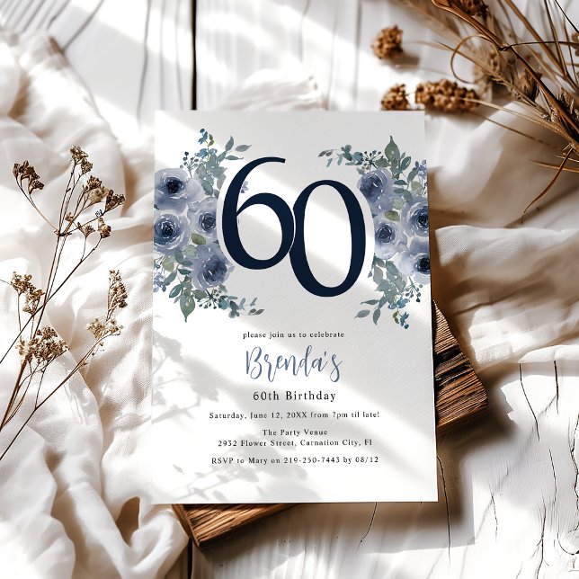 Invitación Cumpleaños 60 Elegante Floral Azul (Subido por el creador)