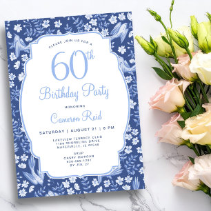 Invitación Cumpleaños 60 Elegante Floral Azul Femenino Pájaro