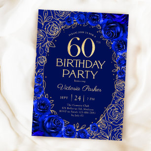 Invitación Cumpleaños 60 Elegante Floral Azul Real y Dorado