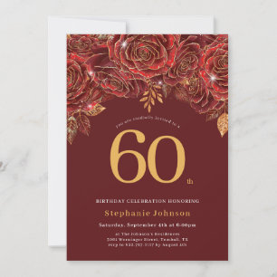 Invitación Cumpleaños 60 Elegante Floral Dorado Borgoña