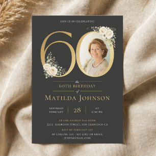 Invitación Cumpleaños 60 Elegante Floral Dorado Foto