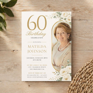 Invitación Cumpleaños 60 Elegante Floral Dorado Foto Personal