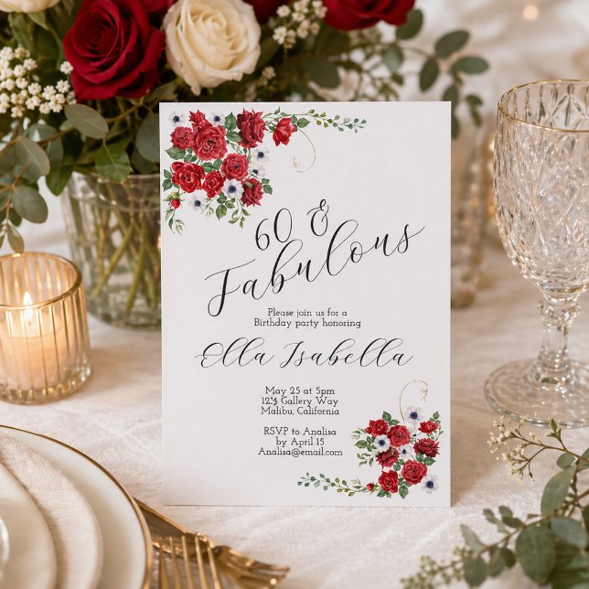 Invitación Cumpleaños 60 Elegante Floral Rojo (Subido por el creador)
