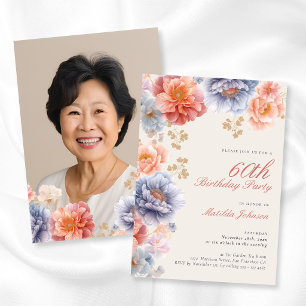 Invitación Cumpleaños 60 Elegante Foto Floral Rosa