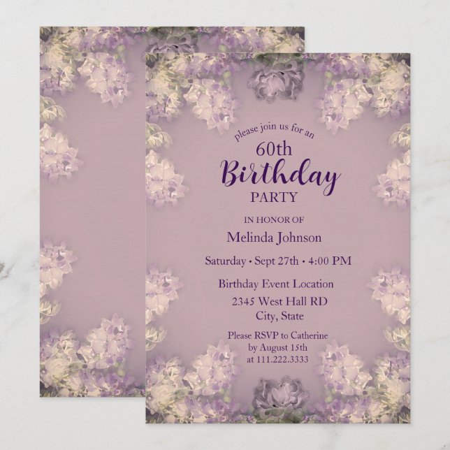 Invitación Cumpleaños 60 Elegante Lila (Anverso / Reverso)