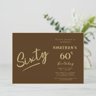 Invitación Cumpleaños 60 Elegante Marrón Dorado Letra de Pinc