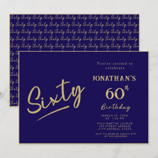 Invitación Cumpleaños 60 Elegante Navy Gold Brush Script