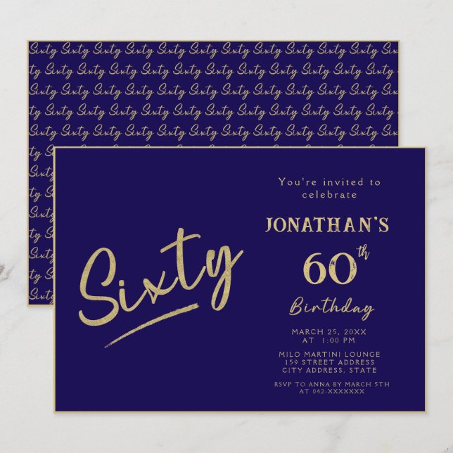 Invitación Cumpleaños 60 Elegante Navy Gold Brush Script (Anverso / Reverso)