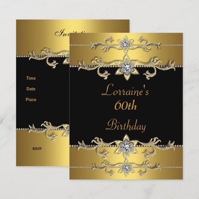 Invitación Cumpleaños 60 Elegante Negro Dorado (Anverso / Reverso)