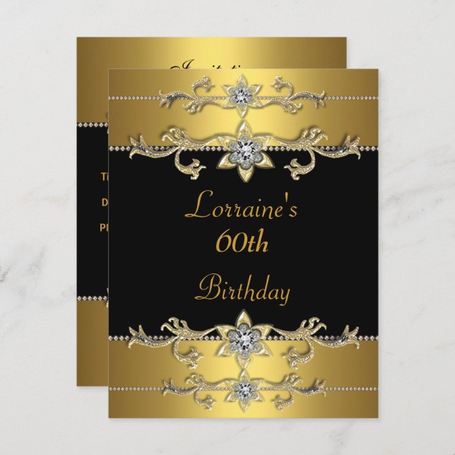 Invitación Cumpleaños 60 Elegante Negro Oro (Anverso / Reverso)
