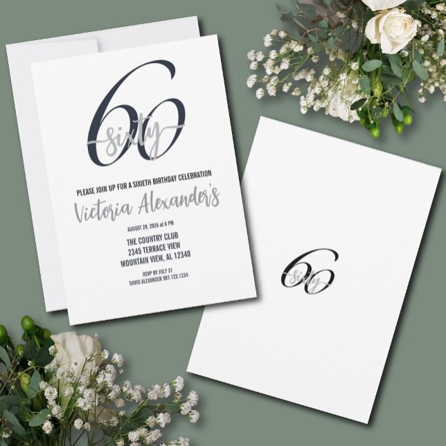 Invitación Cumpleaños 60 Elegante Negro Plata Script  (Elegant Black Silver 60th Birthday Invitation)