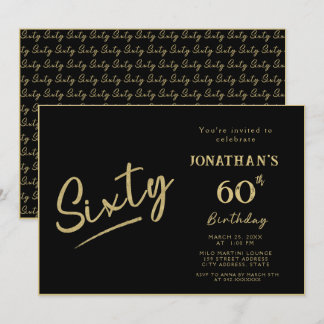 Invitación Cumpleaños 60 Elegante Negro y Dorado con Letra de
