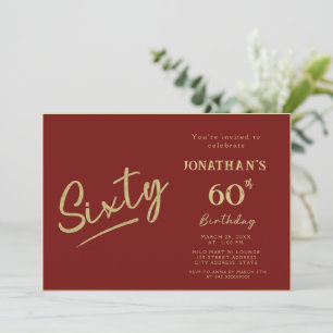 Invitación Cumpleaños 60 Elegante Rojo Dorado Letra Pincel