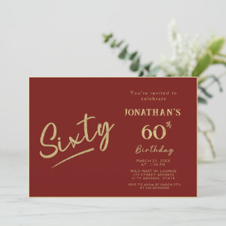 Invitación Cumpleaños 60 Elegante Rojo Dorado Letra Pincel