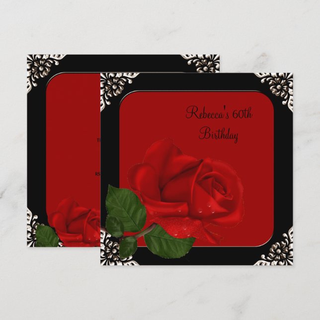 Invitación Cumpleaños 60 Elegante Rosa Roja Flores Negras (Anverso / Reverso)