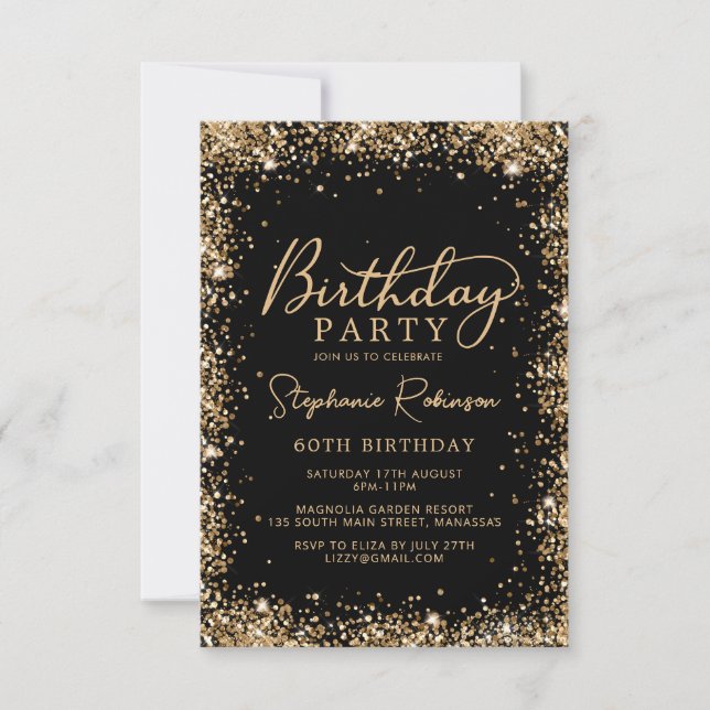 Invitación Cumpleaños 60 Elegante Script Negro Dorado Brillan (Anverso)