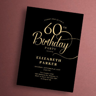 Invitación Cumpleaños 60 Elegante Sencillo Negro Dorado Letra