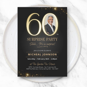 Invitación Cumpleaños 60 Elegante Sorpresa Moderno Dorado Neg