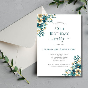 Invitación Cumpleaños 60 elegante teal dorado con flores acua