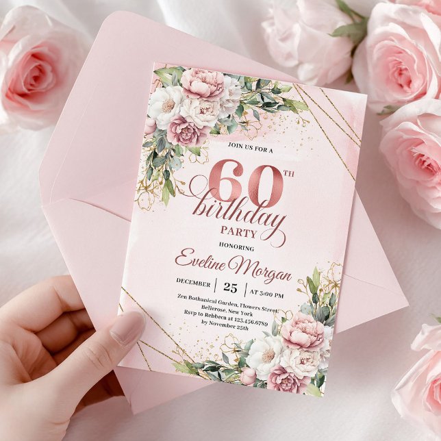 Invitación Cumpleaños 60 Elegantes Flores Acuarela en Rosa Do (Elegant Rose Gold Watercolor Flowers 60th Birthday)