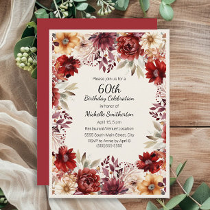 Invitación Cumpleaños 60 en Floral Acuarela Crema Borgoña